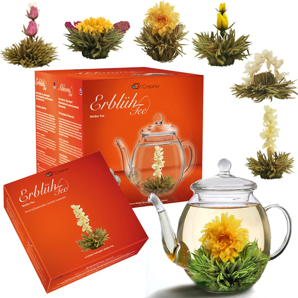 Creano Teeblumen Geschenkset - Erblühtee Frühjahrslese mit 500ml Glaskanne & 6x Weisser Tee - 7 teil
