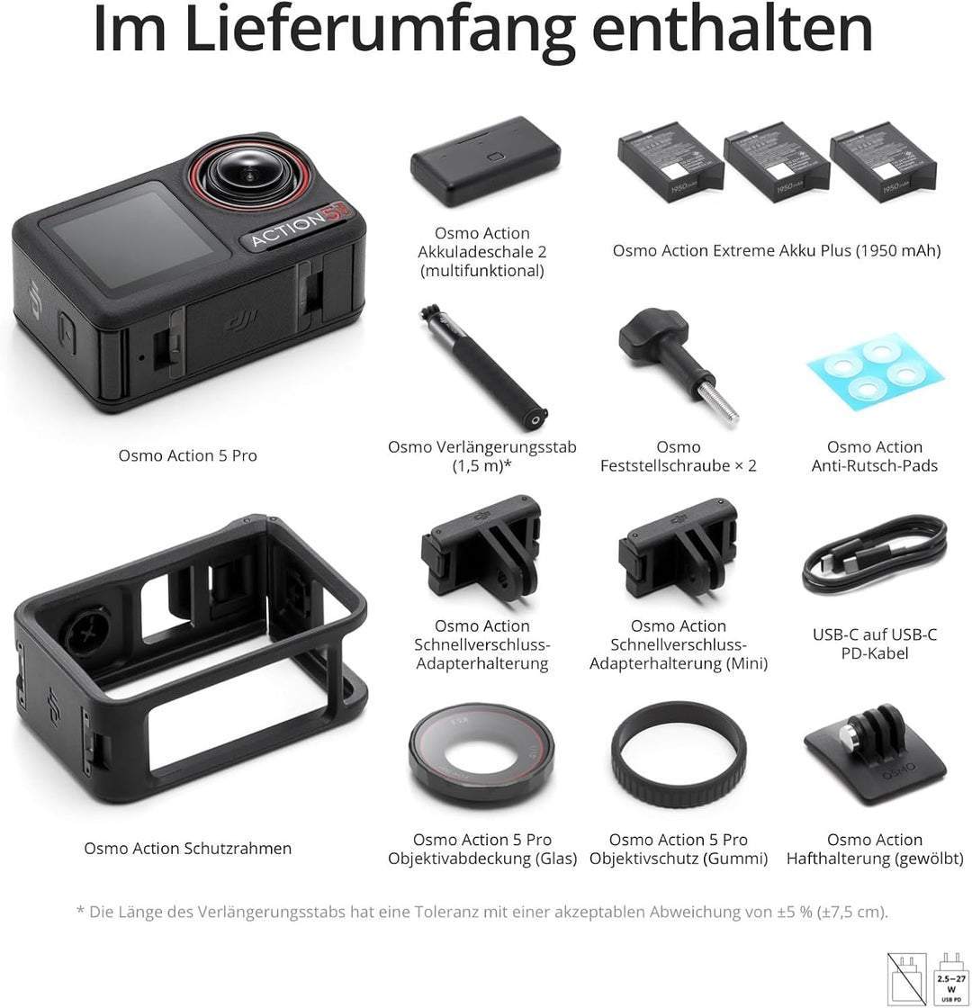 DJI Osmo Action 5 Pro Adventure Combo mit Zubehör, Action Cam 4K mit 1/1.3" Sensor, 12 Std. verlänge