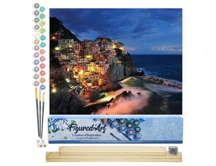 Figured'Art Malen Nach Zahlen Erwachsene Mit Rahmen Dorf am Meeresufer - Paint by Numbers Basteln DI
