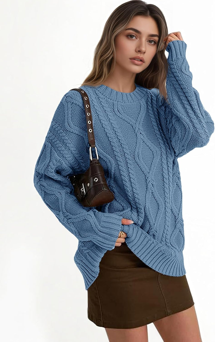 Saodimallsu Strickpullover Damen Oversized Grobstrick Zopfstrick Pullover Rundhals Langarm Einfarbig