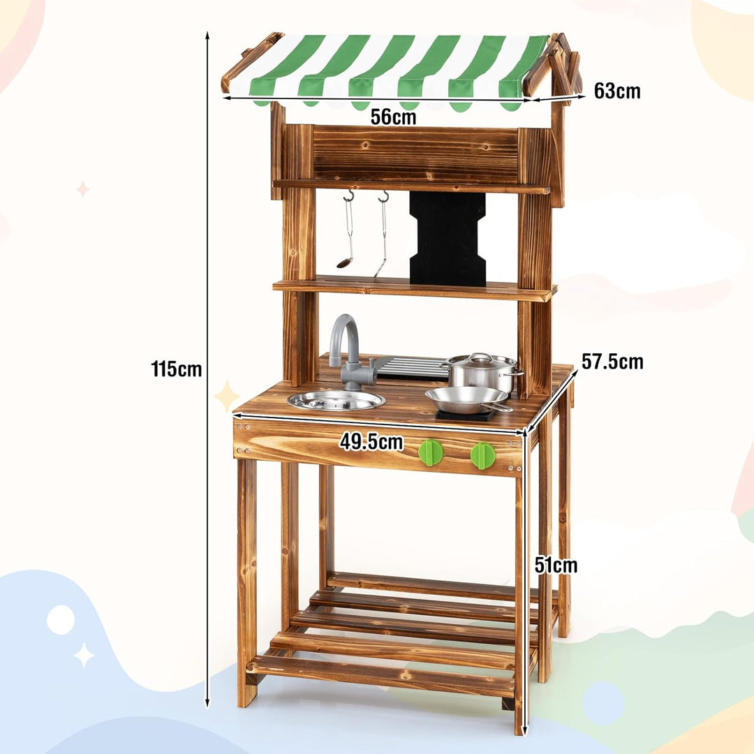DREAMADE Matschküche Kinder Outdoor, Kinderküche mit Dach, Wasserhahn, Spüle, Tafel & Kindergrill, D