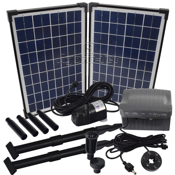 Agora-Tec® AT-20W-BL Beleuchtete Solar Teichpumpe 20 Watt mit Akku und 6 Fach LED Ring, Hmax.: 1350l