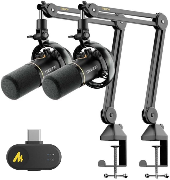 MAONO PD200W Kabelloses Hybrid-Podcast-Kit, Dynamisches XLR/USB-Mikrofon-Set mit 2 Mikrofonauslegern