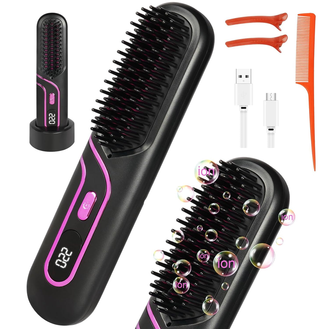 LOPHE Mini Haarglätterbürste, Glättbürste Kabellos, Hair Straightener Comb mit LCD-Bildschirm 4-Stuf