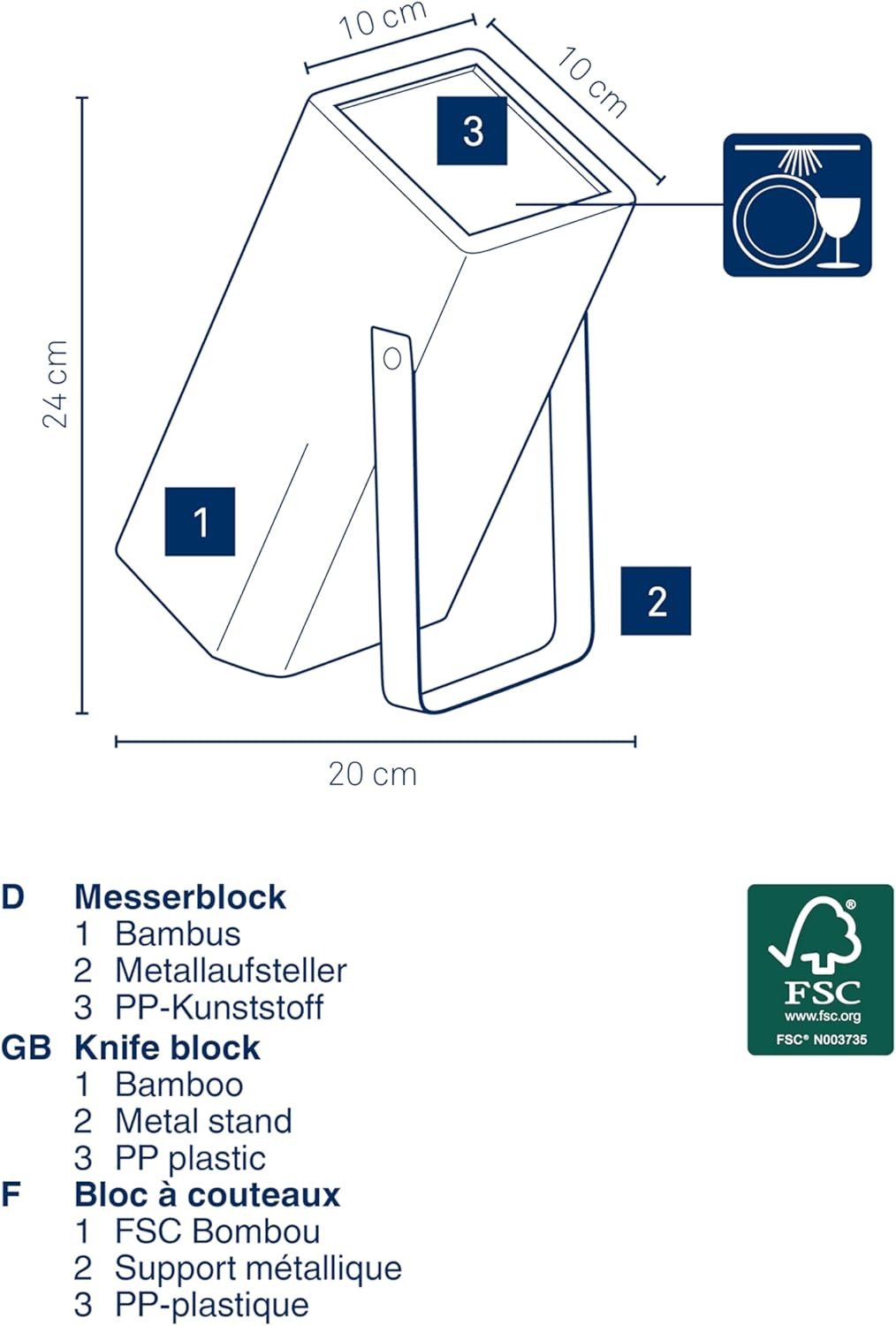 kela Messerblock ohne Messer KIRIL, Bambusholz Messerhalter mit Borsteneinsatz, Metallaufsteller sch