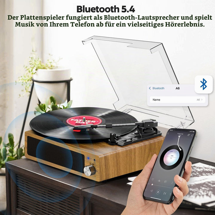 FYDEE Plattenspieler, Bluetooth 5.4 Schallplattenspieler mit Einstellbarer Auflagekraft, 2x3W Stereo