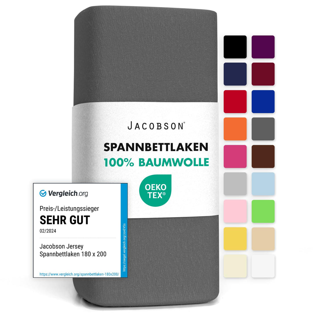 Jacobson Jersey Spannbettlaken Spannbetttuch Baumwolle Bettlaken (180x200-200x200 cm, Anthrazit) 180