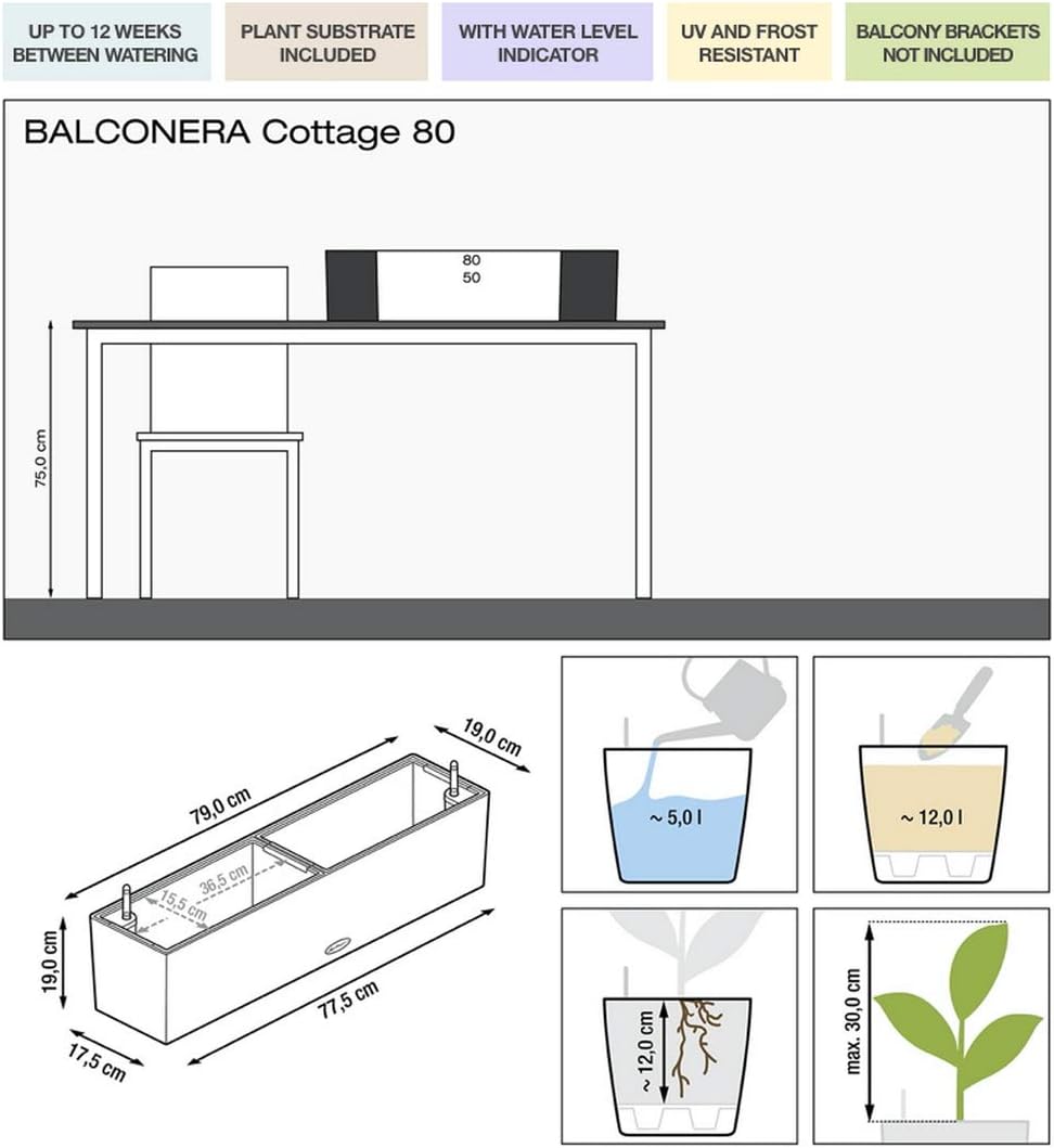 Lechuza "BALCONERA Cottage 80" Pflanzgefäss mit ERD-Bewässerungs-System, Weiss, 79 x 19 x 19 cm &amp; Cu