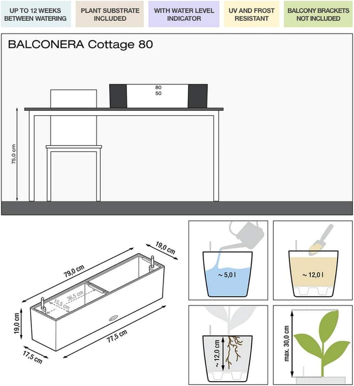 Lechuza "BALCONERA Cottage 80" Pflanzgefäss mit ERD-Bewässerungs-System, Weiss, 79 x 19 x 19 cm &amp; Cu