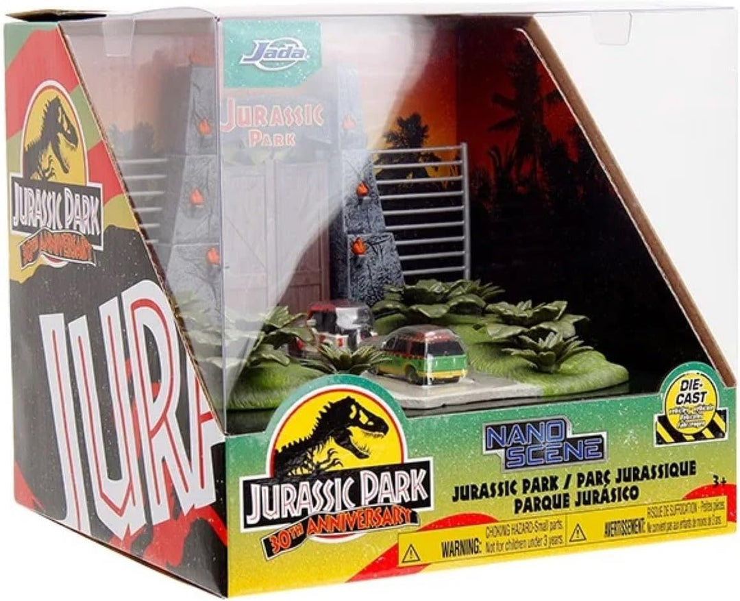 Nano Scene Jurassic Park 30th Anniversary Jurassic Gate Diorama w/ Two 4.2 cm Die-Cast Cars, Toys fo