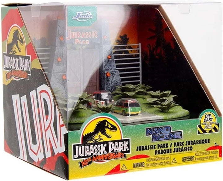 Nano Scene Jurassic Park 30th Anniversary Jurassic Gate Diorama w/ Two 4.2 cm Die-Cast Cars, Toys fo