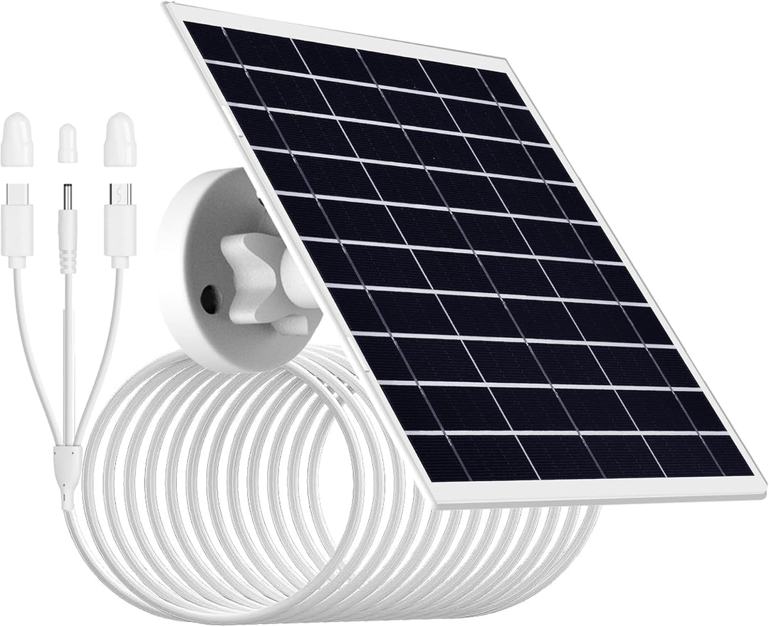 9W/5V Solarpanel für Überwachungskamera mit 4m, 3-in-1-Ladekabel (Micro-USB,Typ-C und DC 3,5 x 1,35