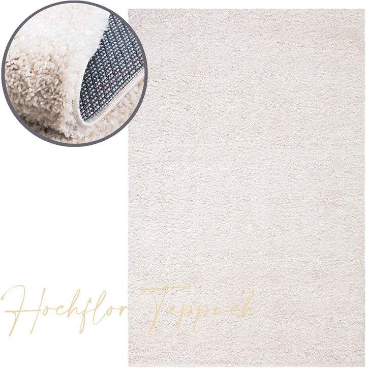 payé Teppich Wohnzimmer Hochflor Shaggy - 160x230cm - Creme Einfarbig Uni Flauschig Modern Boho Deko
