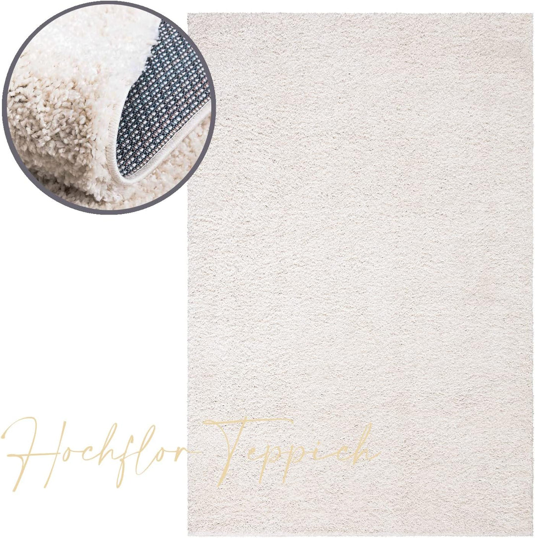 payé Teppich Wohnzimmer Hochflor Shaggy - 150x150cm - Creme Einfarbig Uni Flauschig Modern Boho Deko