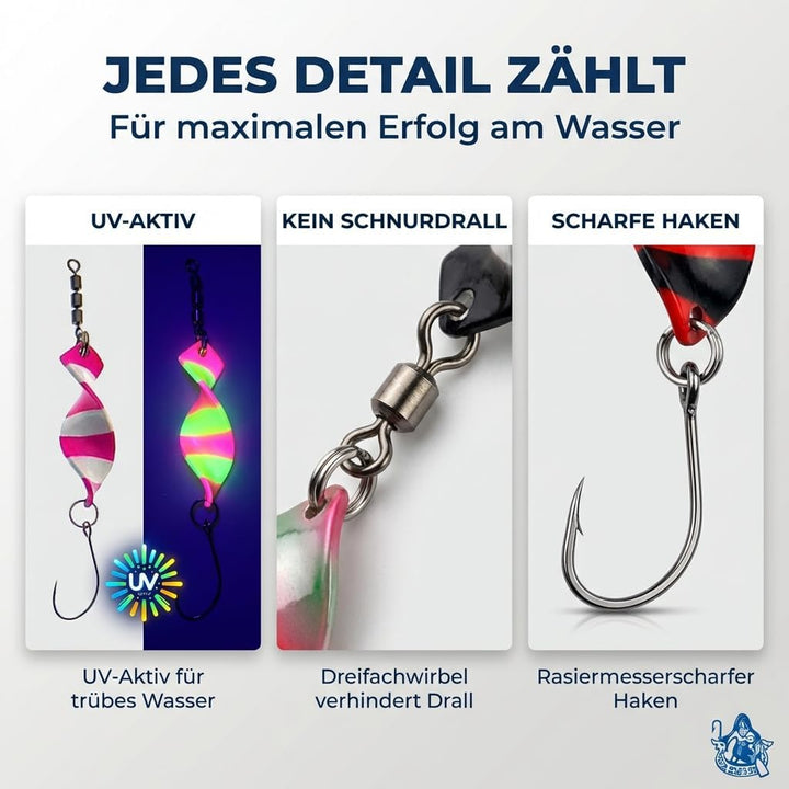 Njord Kalastus Messeneuheit 2024 Spoons Forelle Mega Twist 10 Stück in Spoonbox | Forellen Angeln Sp