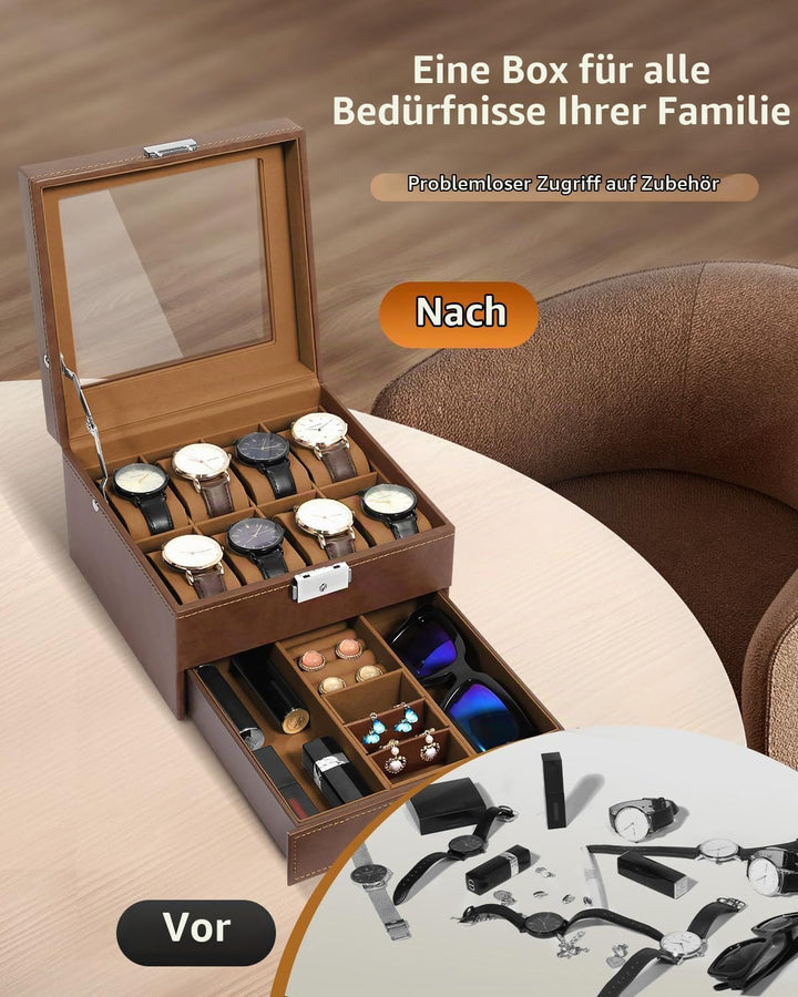 Uten Uhrenbox, 8 Fächern und 1 Schublade mit Schlüsselschloss, Glasdeckel, Braunes PU, Braunes Samtf