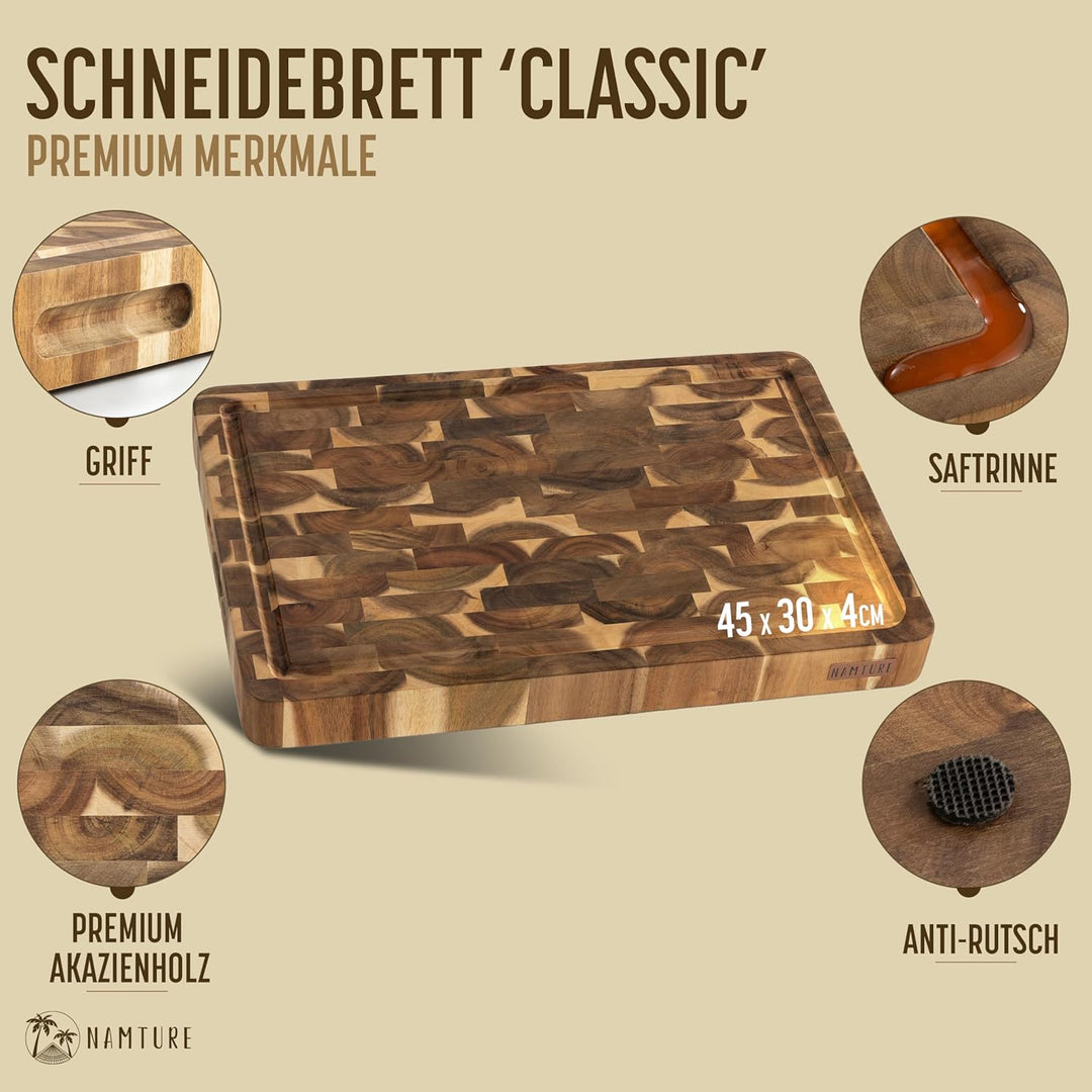 Hackblock Classic – Extra Dick 4 cm – Akazienholz Stirnholz Schneidebrett 45 x 30 cm – Premium Ölbeh