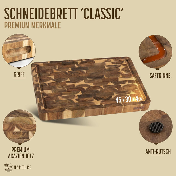 Hackblock Classic – Extra Dick 4 cm – Akazienholz Stirnholz Schneidebrett 45 x 30 cm – Premium Ölbeh