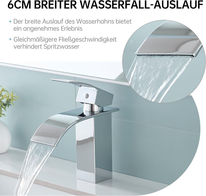 Fransiton Wasserhahn Bad, Wasserfall Waschtischarmatur mit Auslauf Höhe 60MM, Einhebelmischer für Ka