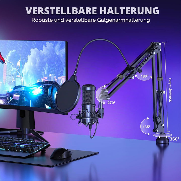 aokeo USB Mikrofon, 192kHZ / 24bit Podcast-Mikrofonsets mit Mikrofonständer, Stossdämpferhalter, Win