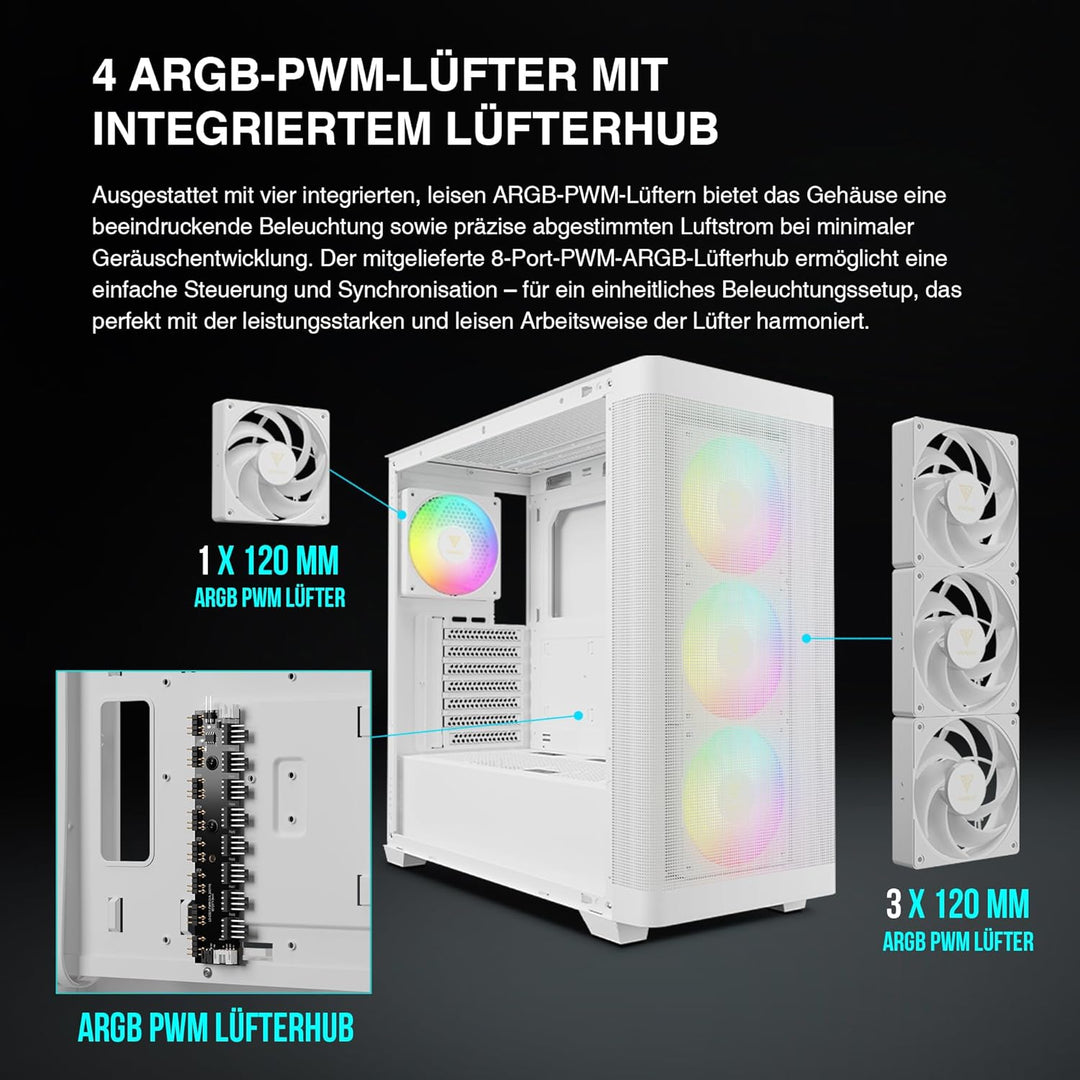 GAMDIAS Weisses ATX Mid-Tower-Computergehäuse aus gehärtetem Glas, Gaming-PC-Gehäuse unterstützt Dua