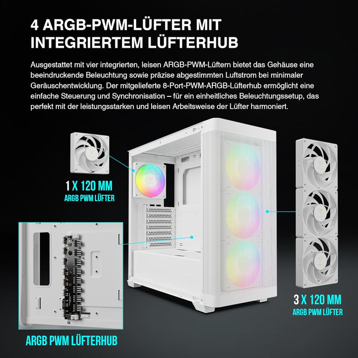 GAMDIAS Weisses ATX Mid-Tower-Computergehäuse aus gehärtetem Glas, Gaming-PC-Gehäuse unterstützt Dua