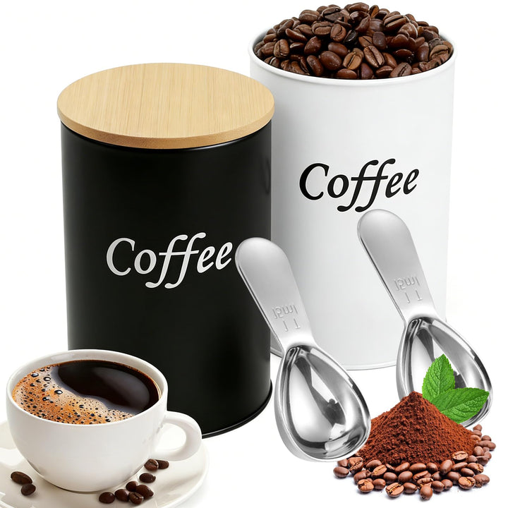 WhaleO 2 Stück Kaffeedose Luftdicht 500g mit Holz-Deckel und Edelstahllöffel, Kaffeebohnen Behälter,