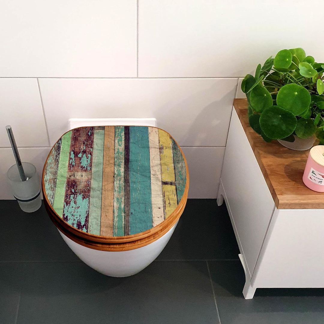banjado® Design WC Sitz Bambus Absenkautomatik mit Motiv Bunte Bretterwand/Toilettendeckel mit Absen