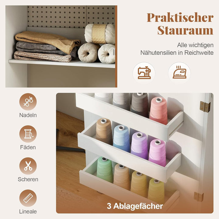 RELAX4LIFE 2 in 1 Nähtisch, Nähmaschinenschrank klappbar mit Ladestation, Nähschrank aus Holz mit Re