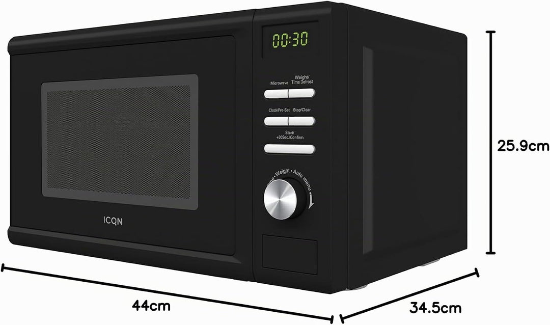ICQN Mikrowelle, Solo-Mikrowelle, 20 L, 700 W, 5 Leistungsstufen, 8 Automatikprogramme, Gewicht und