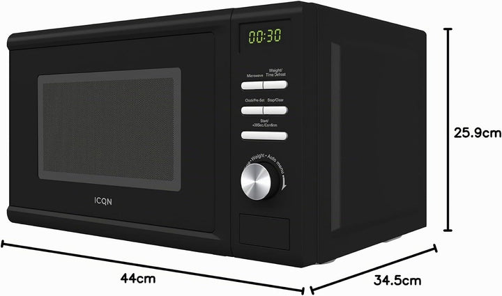 ICQN Mikrowelle, Solo-Mikrowelle, 20 L, 700 W, 5 Leistungsstufen, 8 Automatikprogramme, Gewicht und