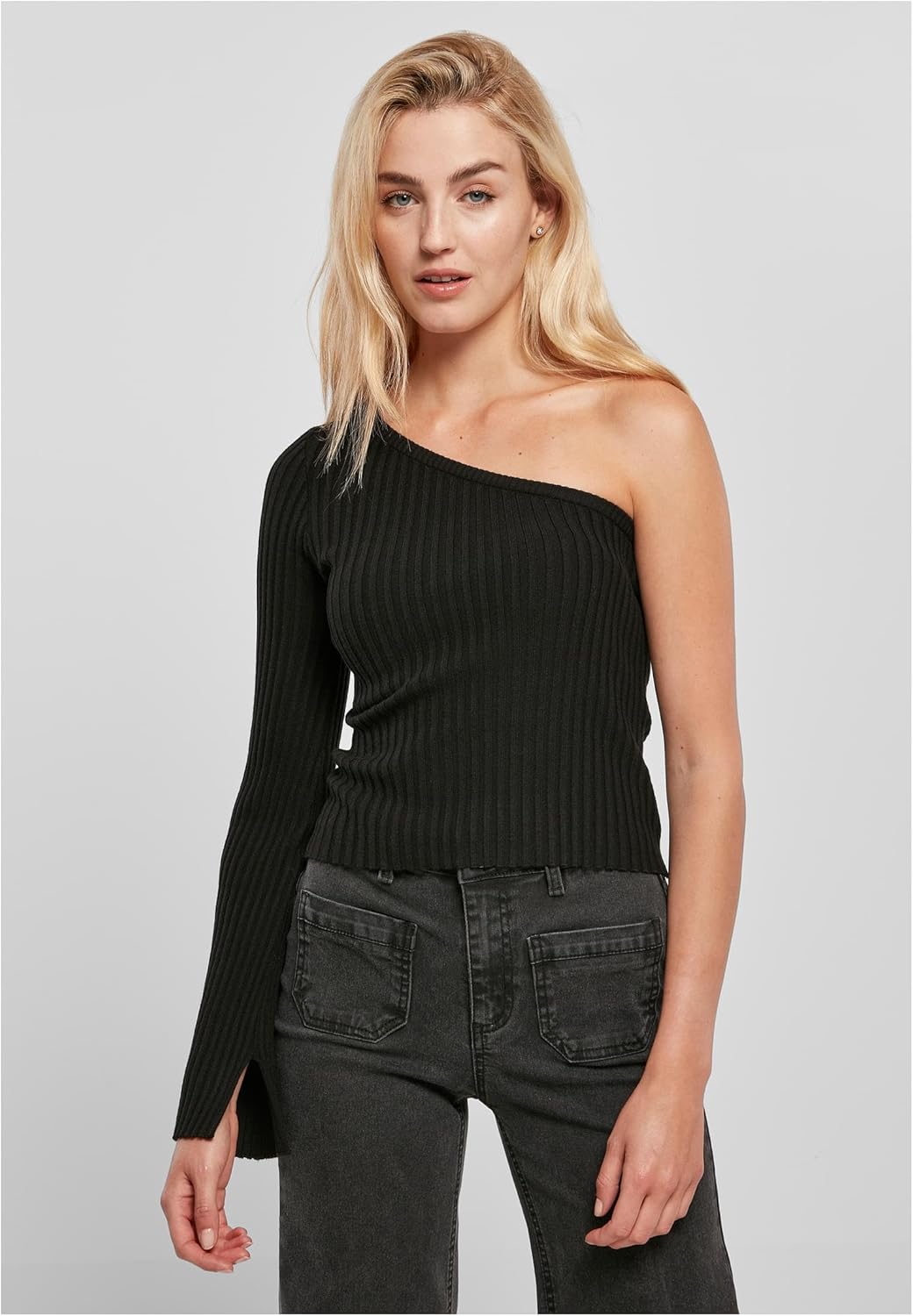 Urban Classics Damen Ladies Short Rib Knit One Sleeve Sweater S Schwarz, S Schwarz