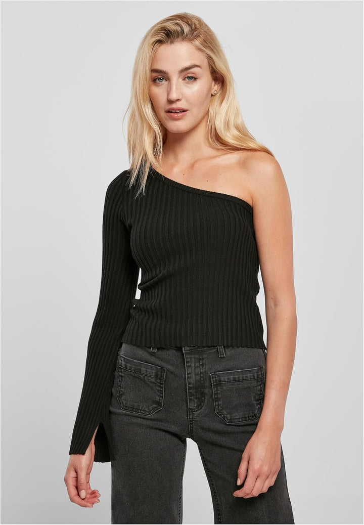 Urban Classics Damen Ladies Short Rib Knit One Sleeve Sweater S Schwarz, S Schwarz