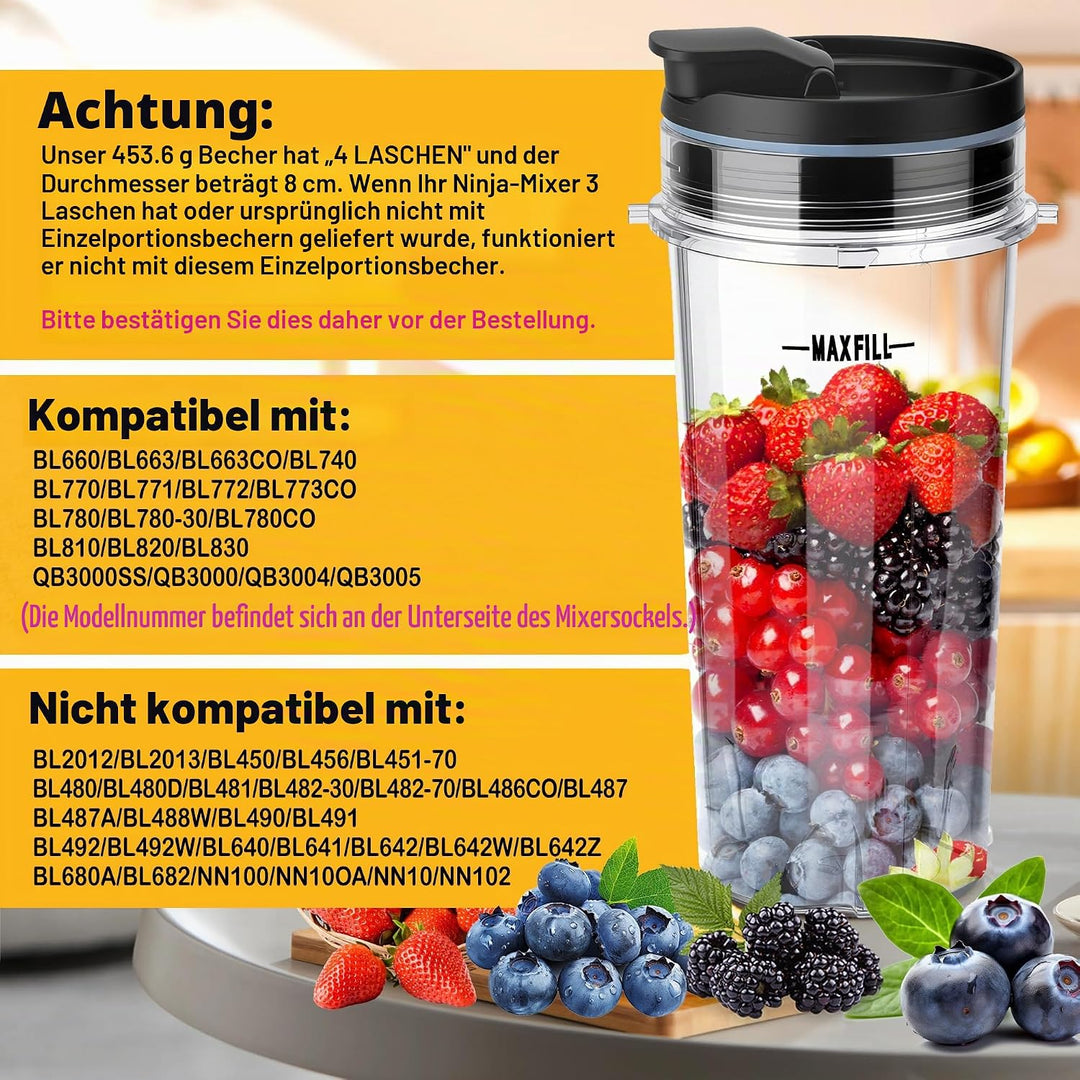 2Pcs Ersatz 16oz Blender Tassen mit 4Pcs Sip & Seal Deckel für Ninja, Single Serve Blender Cup für B