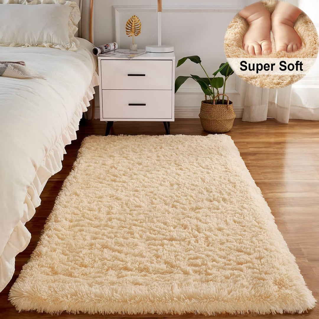 Flauschige Teppiche,Weiche Hochflorteppiche,rutschfeste Beige Teppiche für Wohnzimmer,Wohnzimmer,Kin