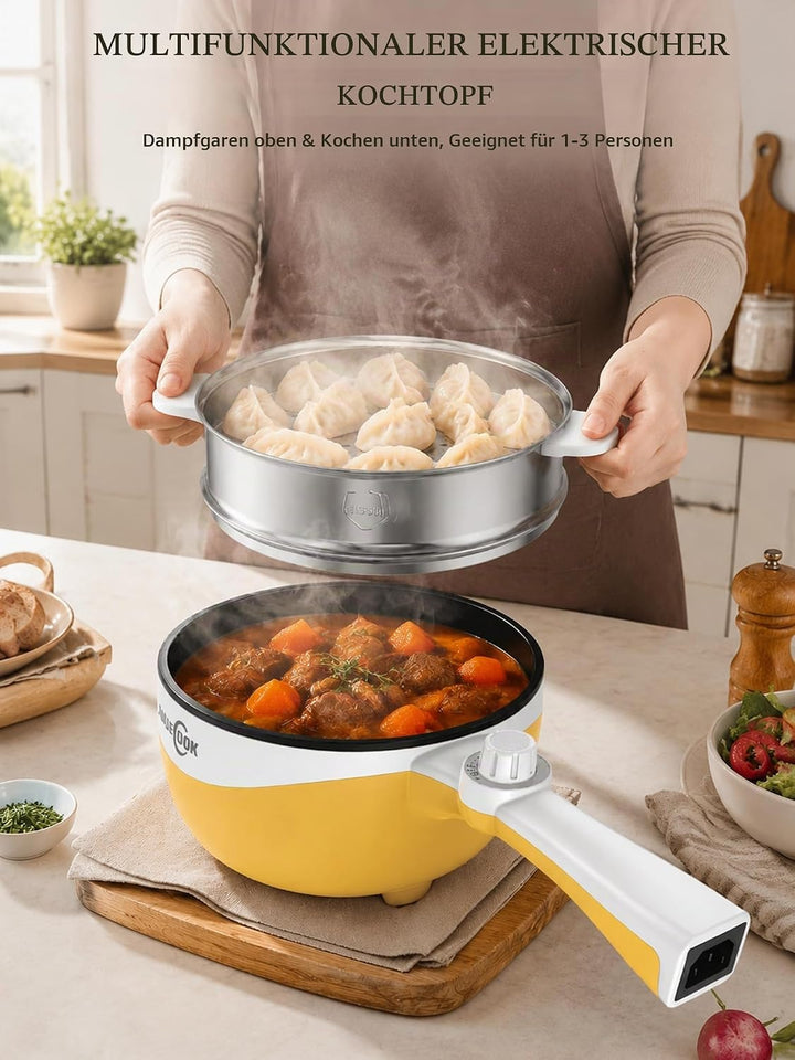 Audecook Elektrischer Topf mit Dampfgarer, 1.7L Mini Elektrische Bratpfanne für Wohnheim Antihaftbes