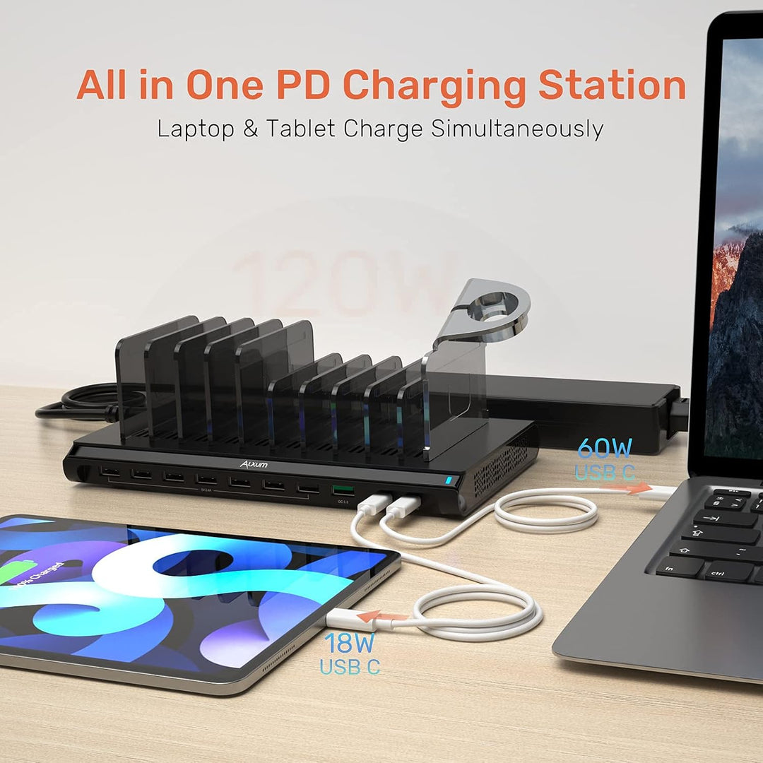 Alxum 120W 10 Port USB C Ladestation für Multi-Geräte, USB Multi Mobile Ladestation Schnellladestati
