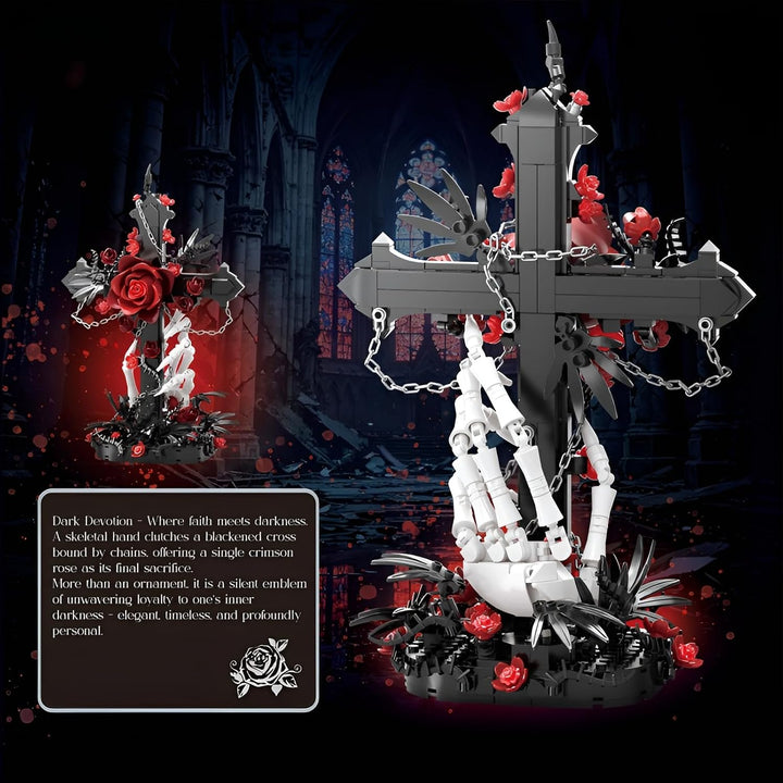 Gothic Kreuz Rote Rose Baukasten, 720PCS Skeletthand Sammelbares Blumenstein-Modell, Dunkle Botanisc
