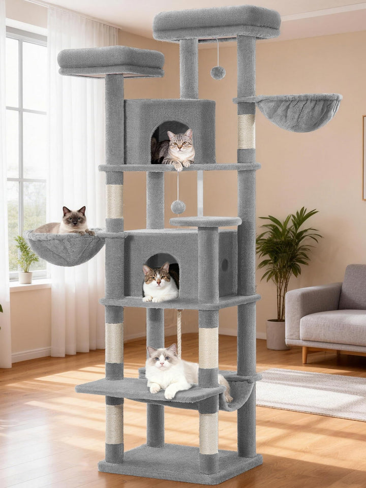 Kratzbaum Gross 175 cm, Katzenbaum XL, Kratzbaum Grosse Katzen Stabil mit Kratzsäulen, 2 Gemütlichen