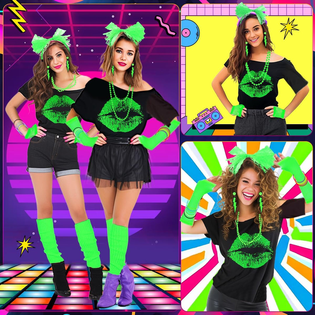 80er 90er Jahre Outfit Damen, T-Shirt, Beinwärmer, Stirnband, Ohrring, Halskette, Netzhandschuhe, 80