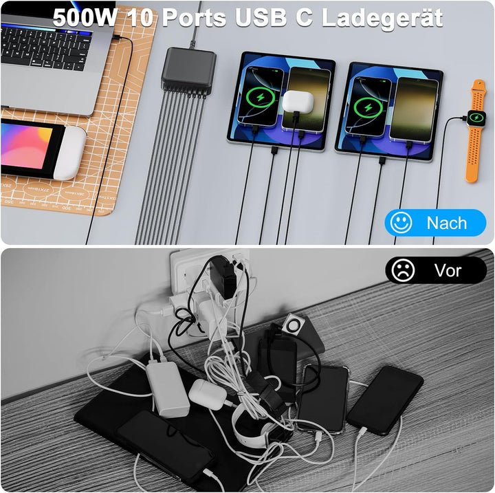 500W USB C Ladegerät Mehrfach, GaN V 10 Ports USB Ladegerät Mehrfach, 500W 10-Port Schnellladegerät