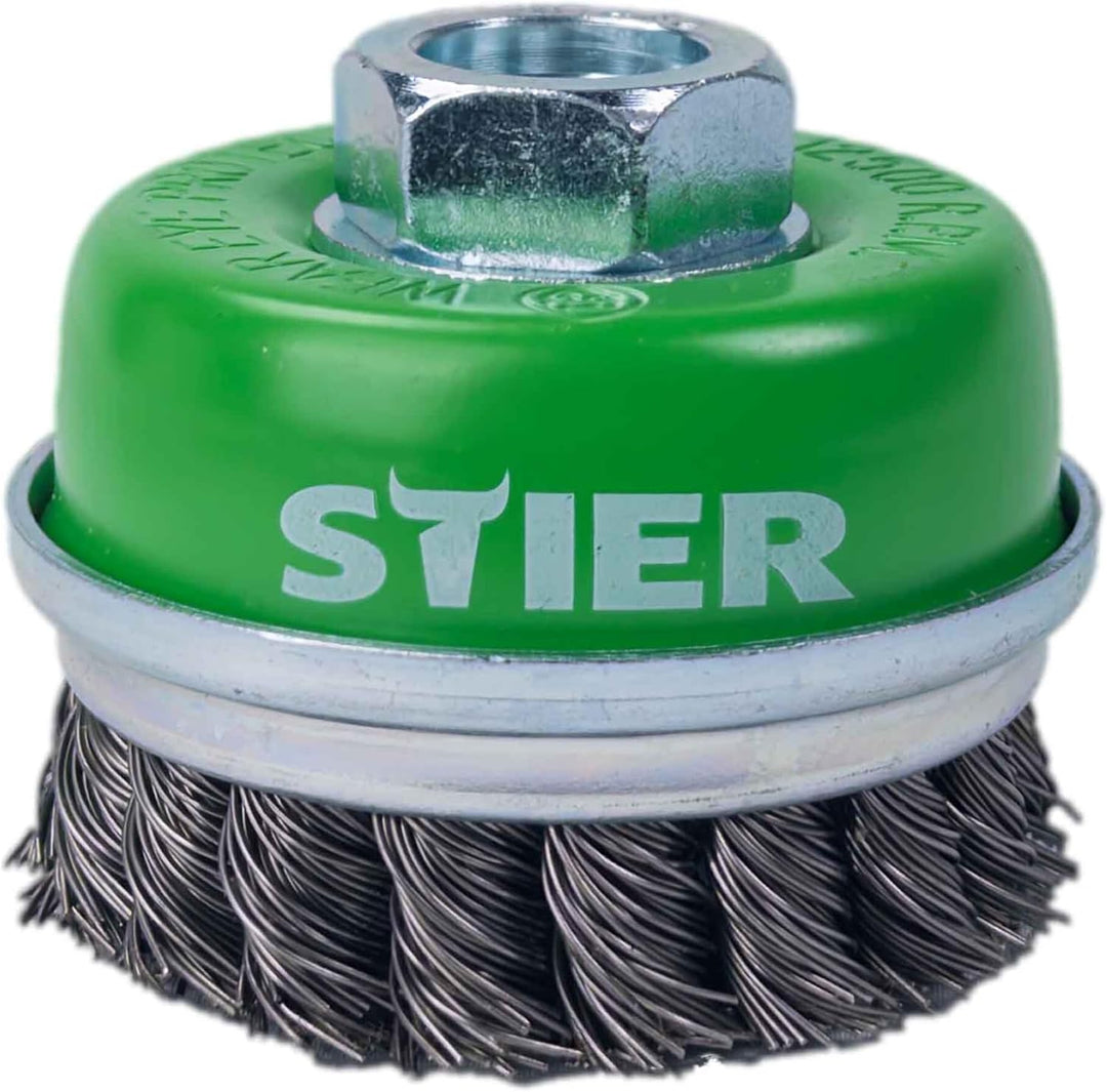 STIER Topfbürste Edelstahl, gezopfter Draht, für Winkelschleifer, Ø 65 mm, M14, Drahtstärke 0,5 mm,