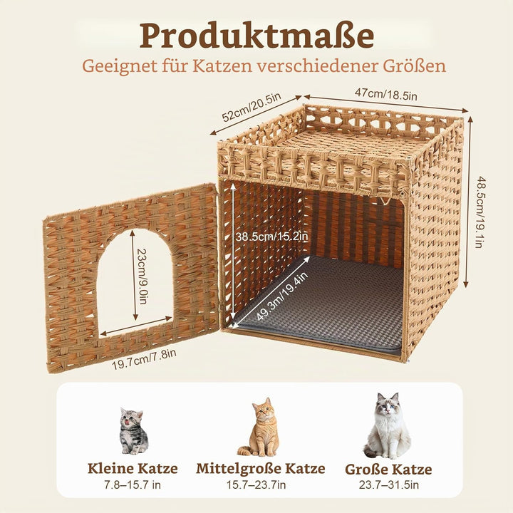 Geflochtenes Rattan-Katzentoiletten-Möbel mit Matte und Zaun, verstecktes Design, 47 x 50 x 48 cm, N