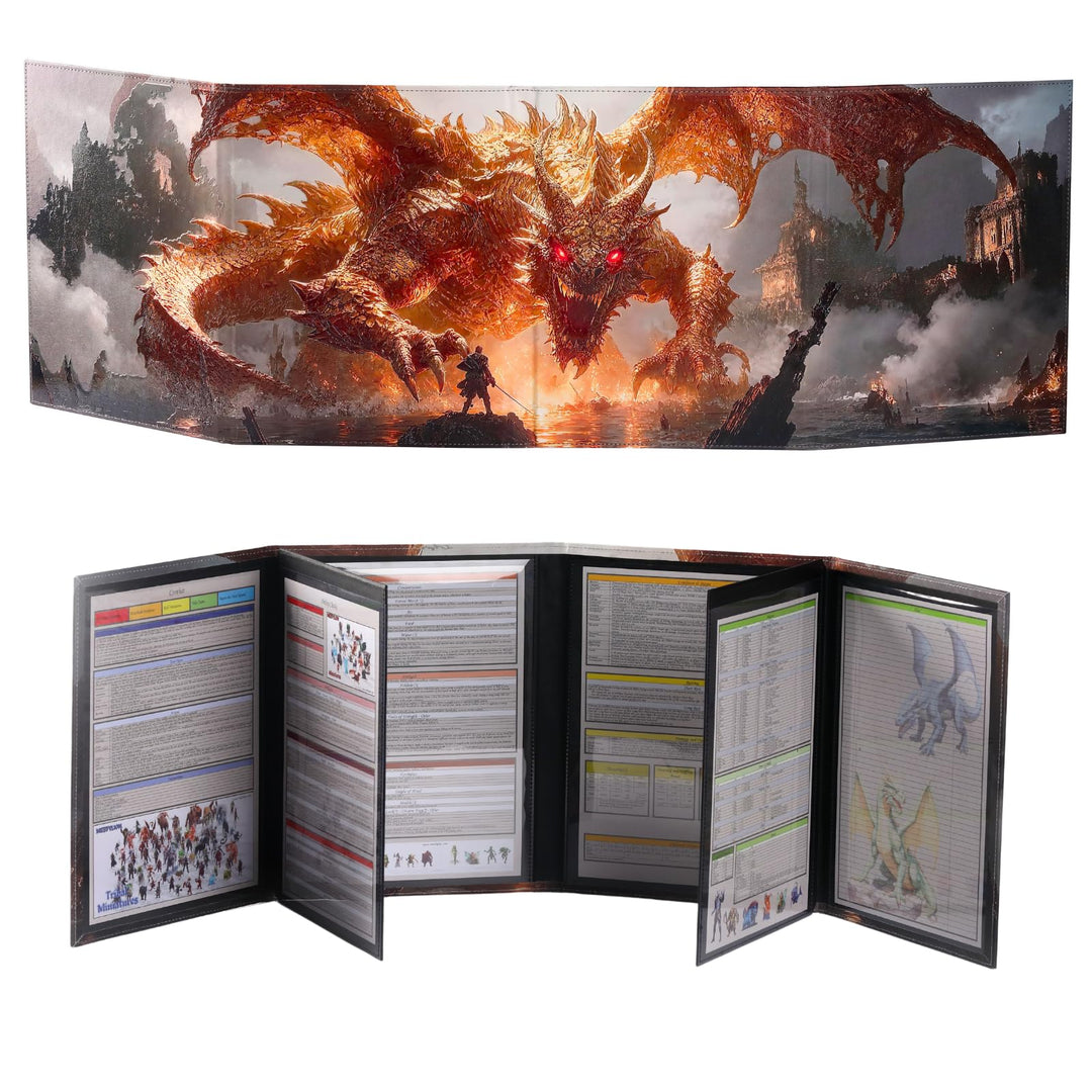 DND DM Screen 8 Panels with Embossed Fabric 2 Swinging Wet Erase Pockets and 8 Cheat Sheets Dungeon