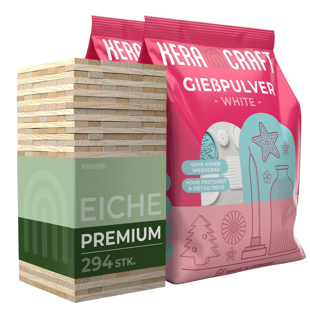 KERACRAFT Giesspulver weiss 2x4,5kg + 294 Stück Eiche Premium Holzklötzchen zum Basteln - Reliefgies