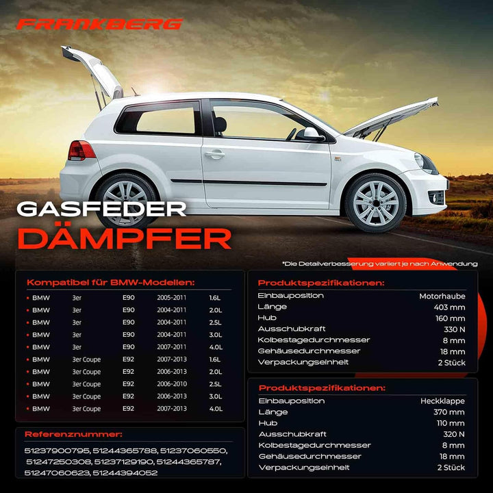 Frankberg 4x Gasfeder Dämpfer Motorhaube Heckklappe Kompatibel mit 3er E90 316 318 320 323 325 330 L