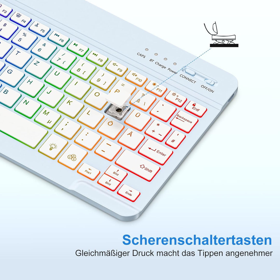 MMK Bluetooth-Tastatur, Deutsches QWERTZ-Layout mit 7-Farbiger Hintergrundbeleuchtung, Mini Wireless
