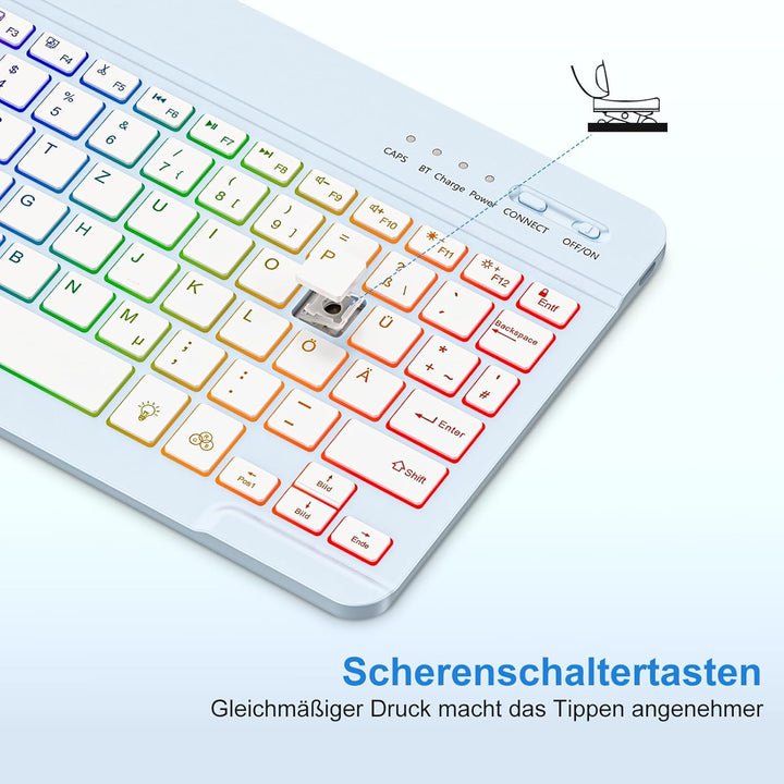MMK Bluetooth-Tastatur, Deutsches QWERTZ-Layout mit 7-Farbiger Hintergrundbeleuchtung, Mini Wireless