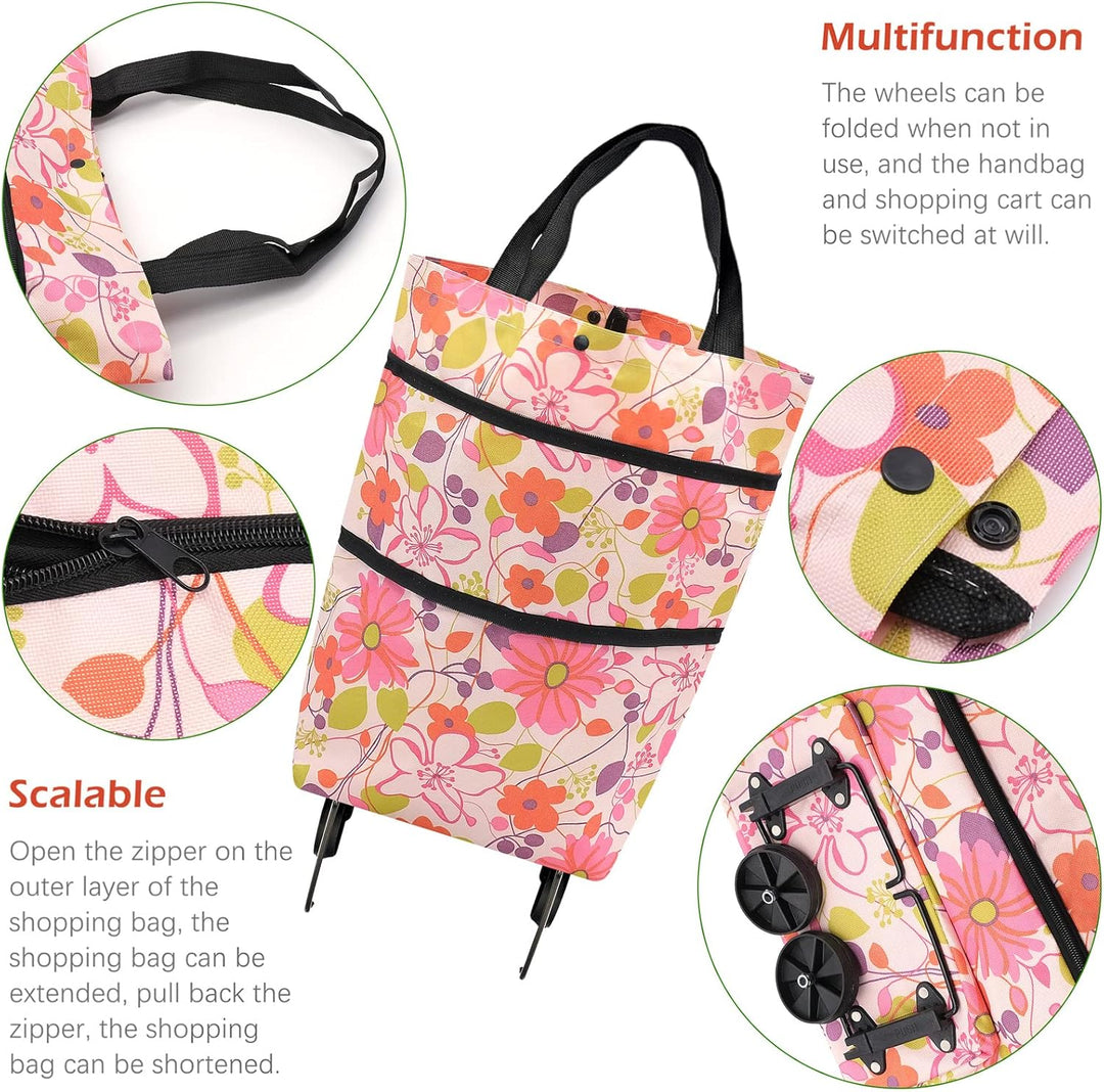 Faltbare Trolley-Taschen, Einkaufstrolley Einkaufstasche mit Rollen,2 in 1 Klappbarer Einkaufswagen