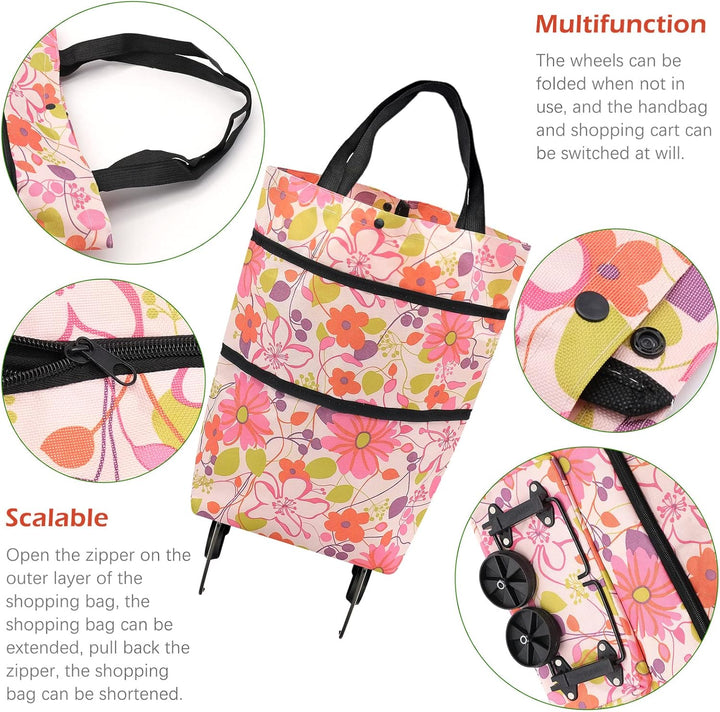 Faltbare Trolley-Taschen, Einkaufstrolley Einkaufstasche mit Rollen,2 in 1 Klappbarer Einkaufswagen
